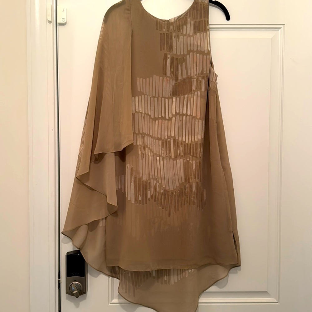 Halston Heritage Taupe Asymmetrical One-Shoulder Dress with Beaded Detail